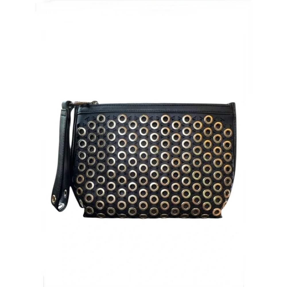 Sam Edelman Black Grommet Laser Cut Vegan Leather Wristlet Clutch Bag